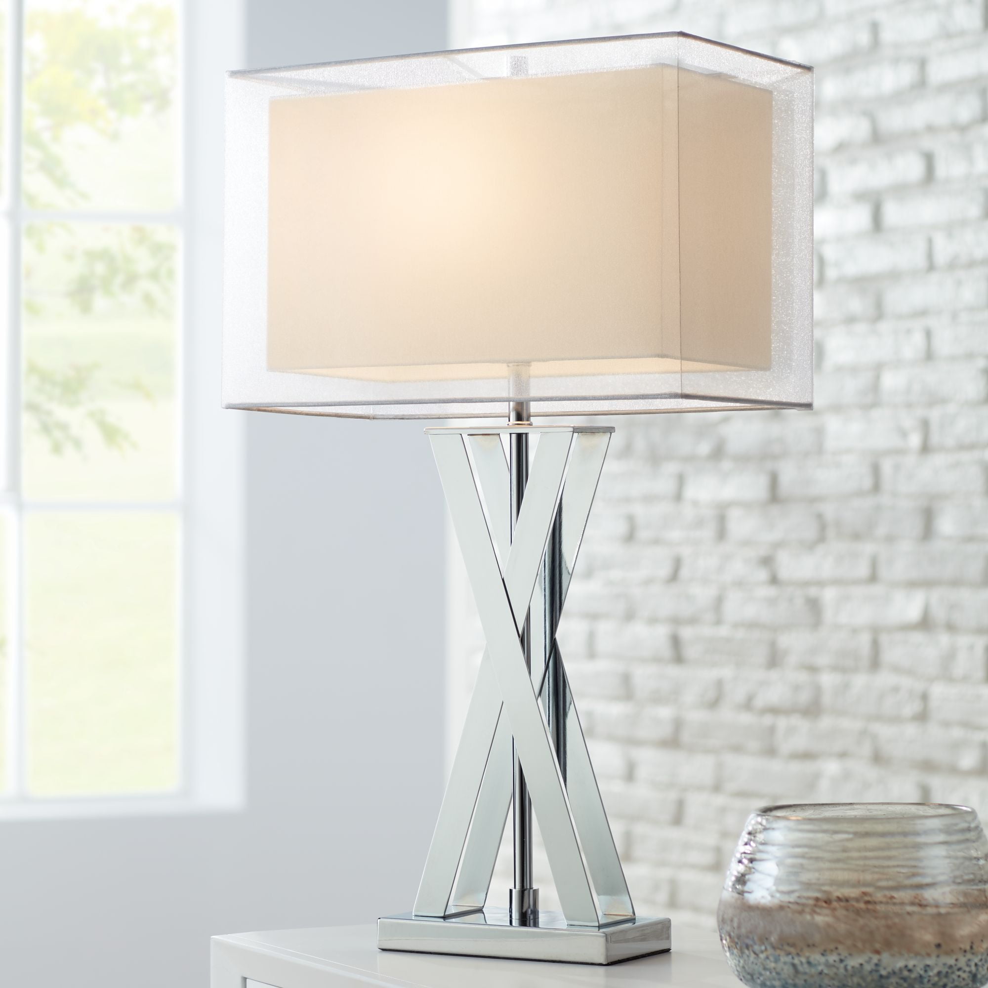 Possini Euro Design Modern Table Lamp Chrome Metal X Shaped Base Rectangular Double Shade For Living Room Family Bedroom Bedside - Rectangular Bedside Table Lamp Possini Euro Design Modern Table Lamp Chrome Metal X Shaped Base Rectangular Double Shade For Living Room Family Bedroom Bedside - Rectangular Bedside Table Lamp