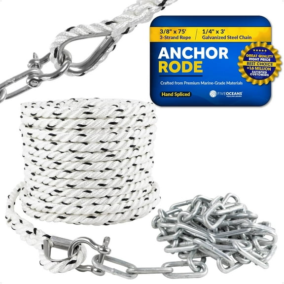 Five Oceans Anchor Rode Nylon 3 Strand with Hot-Dipped Galvanized Steel Chain, Stainless Steel Shackle and Thimble Included