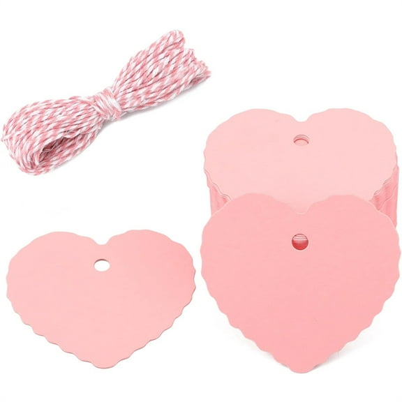 NOGIS Pink Gift Tags 100Pcs, 2.4" x 2.6" Heart Paper Tags with String, Blank Hanging Tags for Craft Gift Package Wrapping, Party Favor on Christmas, Mothers Day, Wedding Party, Baby Shower