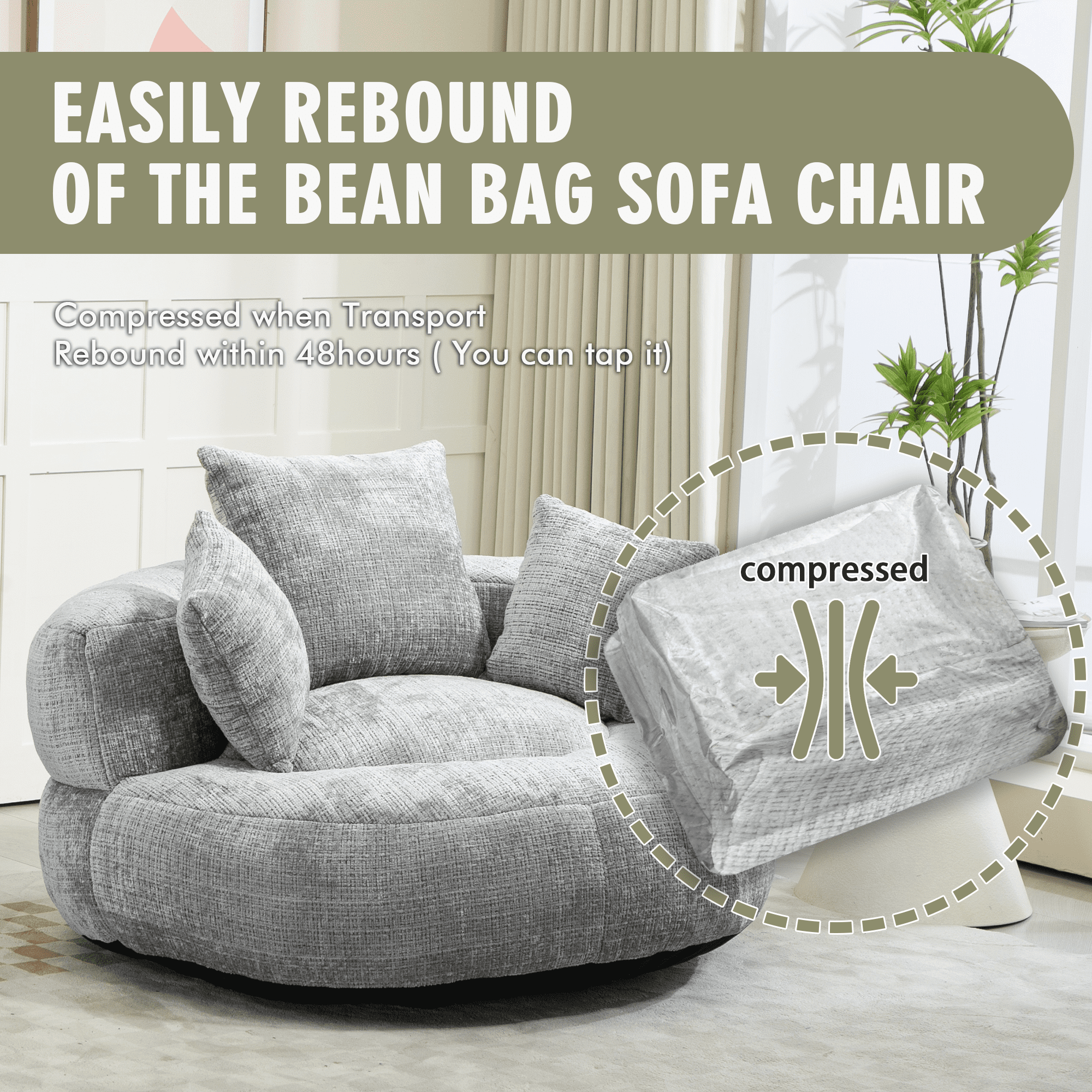 MOONMISS Chenille High Back Lazy Boy Sofa with Throw Pillows for Adults and Children, Indoor Outdoor, Light Gray