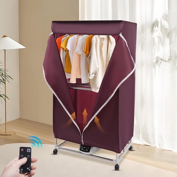 Portable Clothes Dryer with Timer, 1200W Drying Machine for Laundry 2-Tier Foldable Clothes Dryer Rack Stainless Steel Mini Dryer for Apartments Home Dorms Travel RV (Wine Red w/remote)