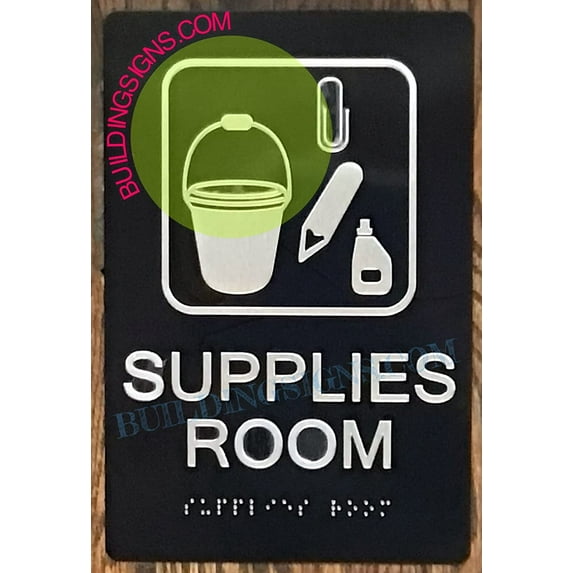 Supplies Room Sign -Braille Sign with Raised Tactile Graphics and Letters (Aluminum, Black, Size 6x9)-The Sensation line