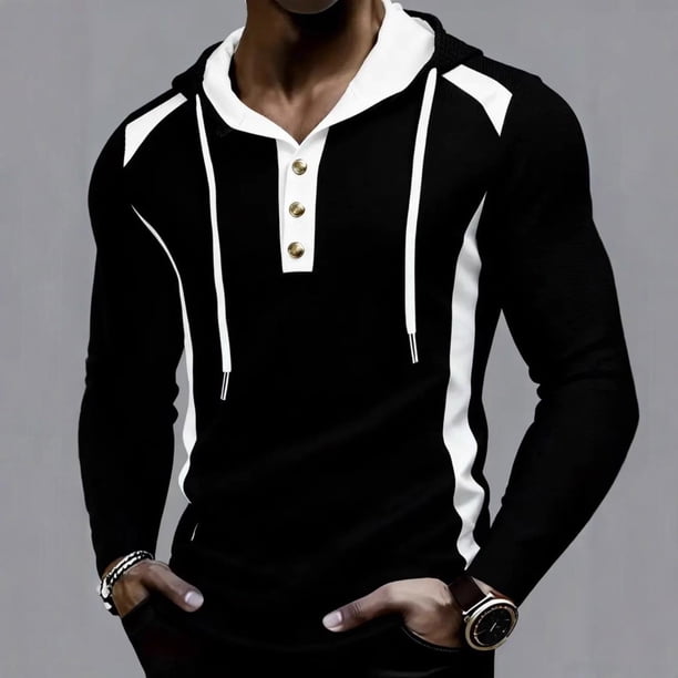 pstuiky manga larga de hombre, Sudadera con capucha, manga larga, botones y bolsillo para hombre camisetas de hombre xxxl