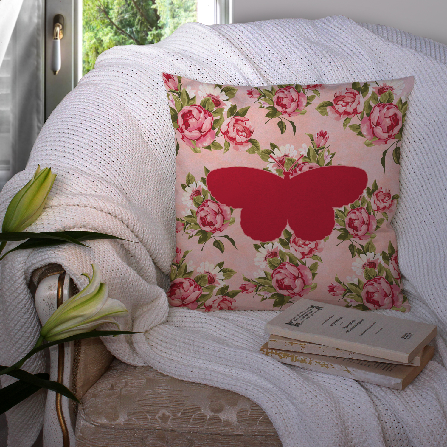 Butterfly Shabby Chic Pink Roses Fabric Decorative Pillow