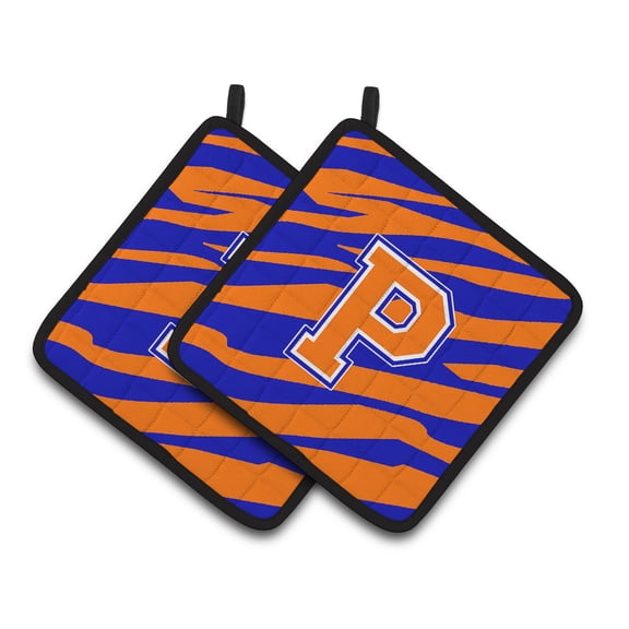 Carolines Treasures CJ1023-PPTHD Letter P Initial Tiger Stripe - Blue Orange Pair of Pot Holders, 7.5HX7.5W, multicolor