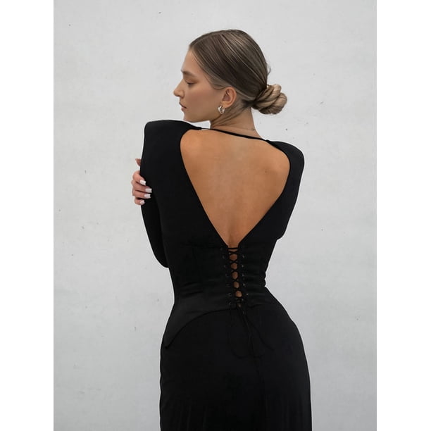 classy backless black dress Elegant Maxi with High Splits Hem for Parties and Special Occasions Fabric Made from 95% Back Style_Back Zip Strapless Bras & Backless Size:24W