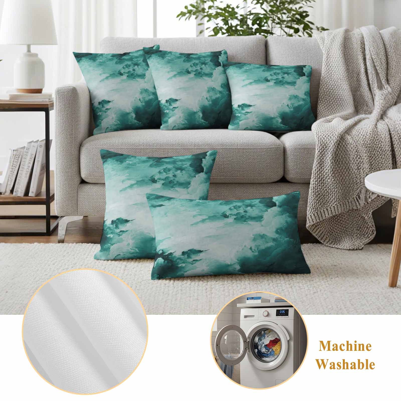 Teal Green Ombre Clouds Outdoor Waterproof Pillow Covers, Modern Abstract Gradient Cloud Decorative Square Throw Pillowcase Sofa Cushion Sham for Patio/Couch/Chair, 26"x26" 2 Pack