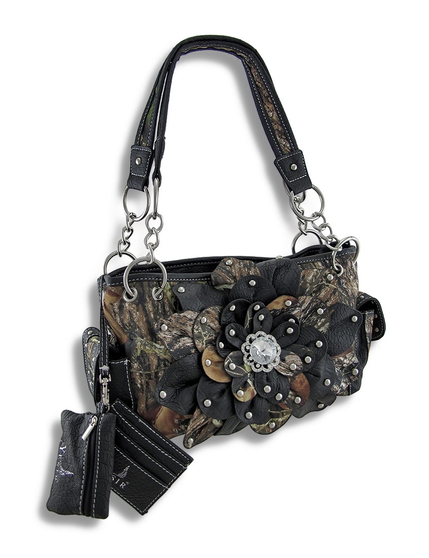 Zeckos Mossy Oak Camo Concealed Carry Purse With Flower And Mock Zeckos Mossy Oak Camo Concealed Carry Purse With Flower And Mock Crock Trim