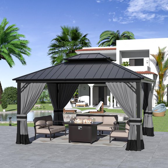 ASJMR 12x14 FT Hardtop Gazebo Double Roof,Outdoor Metal Pavilion Garden Tent with Netting and Curtains,Gray