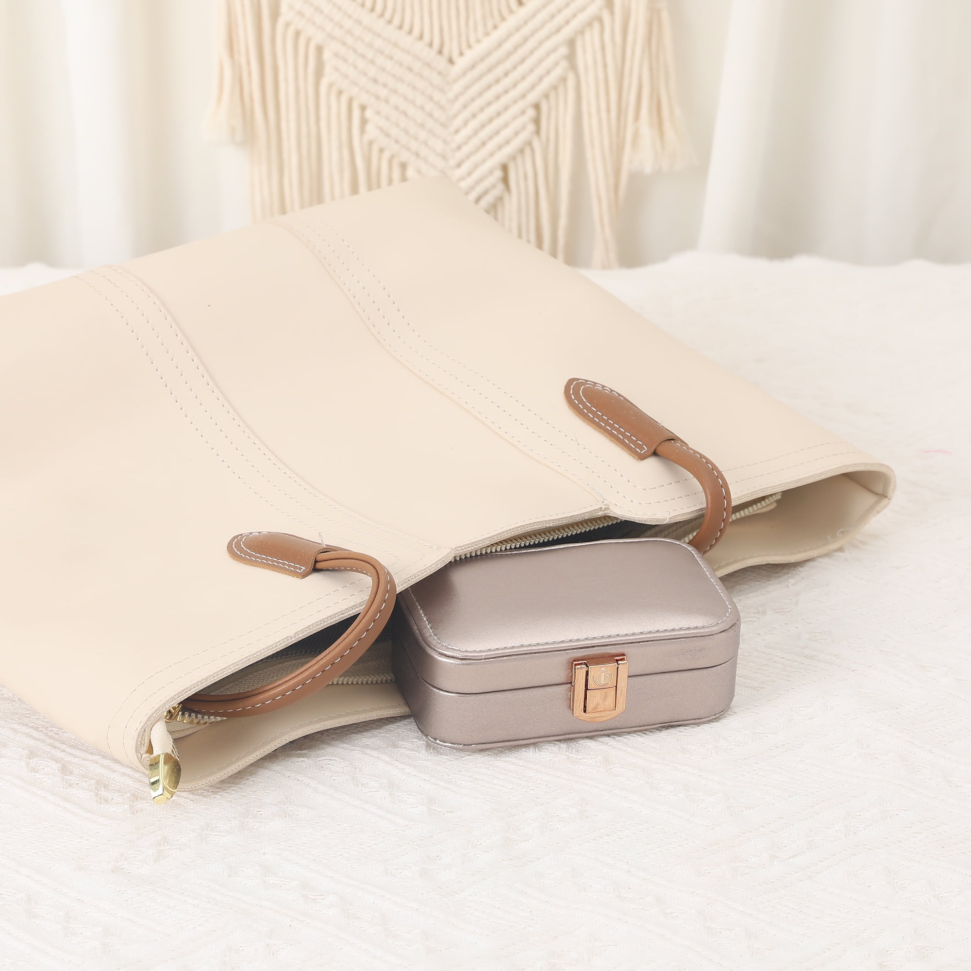 Unique Bargains Mini PU Leather Jewelry Box Jewelry Organizer Case Champagne Gold