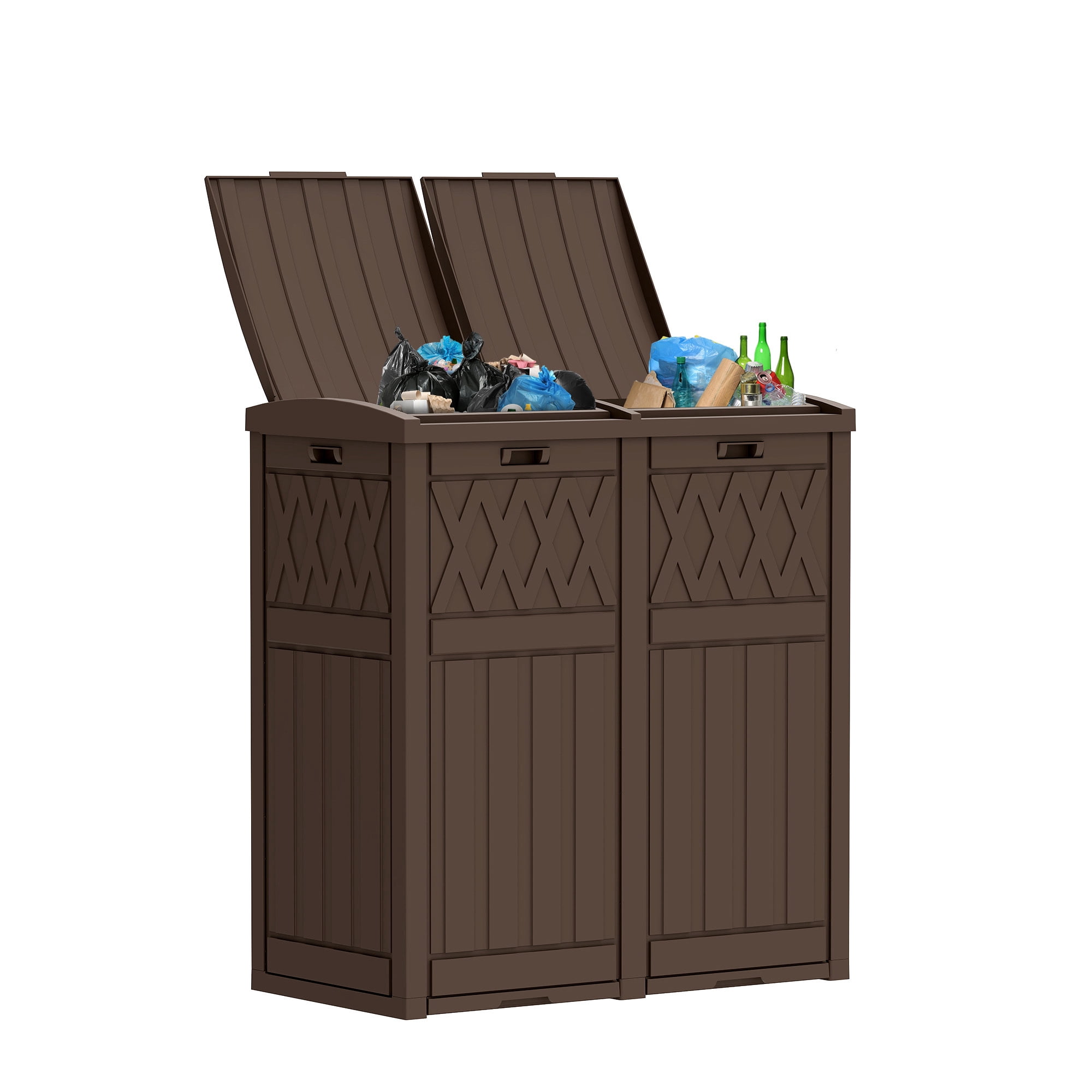Uforic Double Compartment Outdoor Trash Can, 62 Gallon Waterproof Resin Garbage Bin with Tiered Lid and Drip Tray for Patio Deck Backyard, Dark Brown