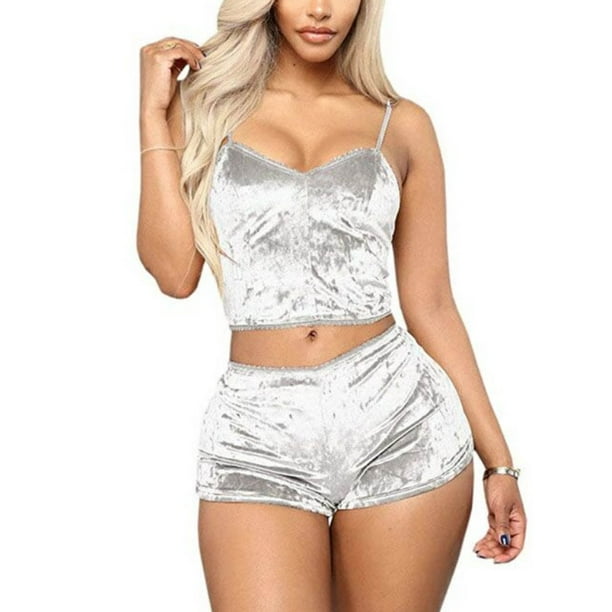 JYYYBF Women's Velvet 2 Piece Outfit Spaghetti Strap Sleeveless Crop Top + Shorts  Set White M - Walmart.com