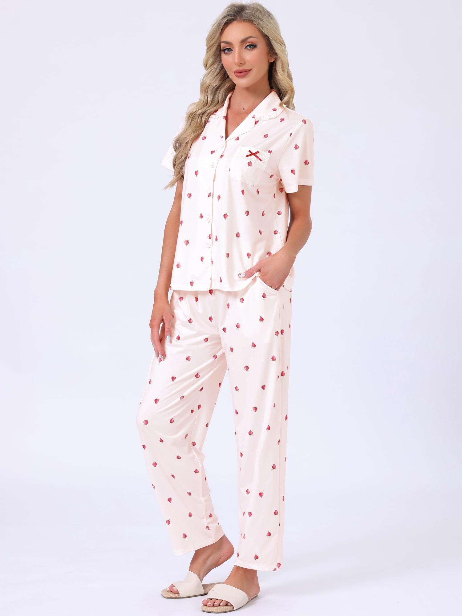 DARING DIVA Women's Pajama Sets Button Down Ruffle Collar Short Sleeve Shirt XL Pink