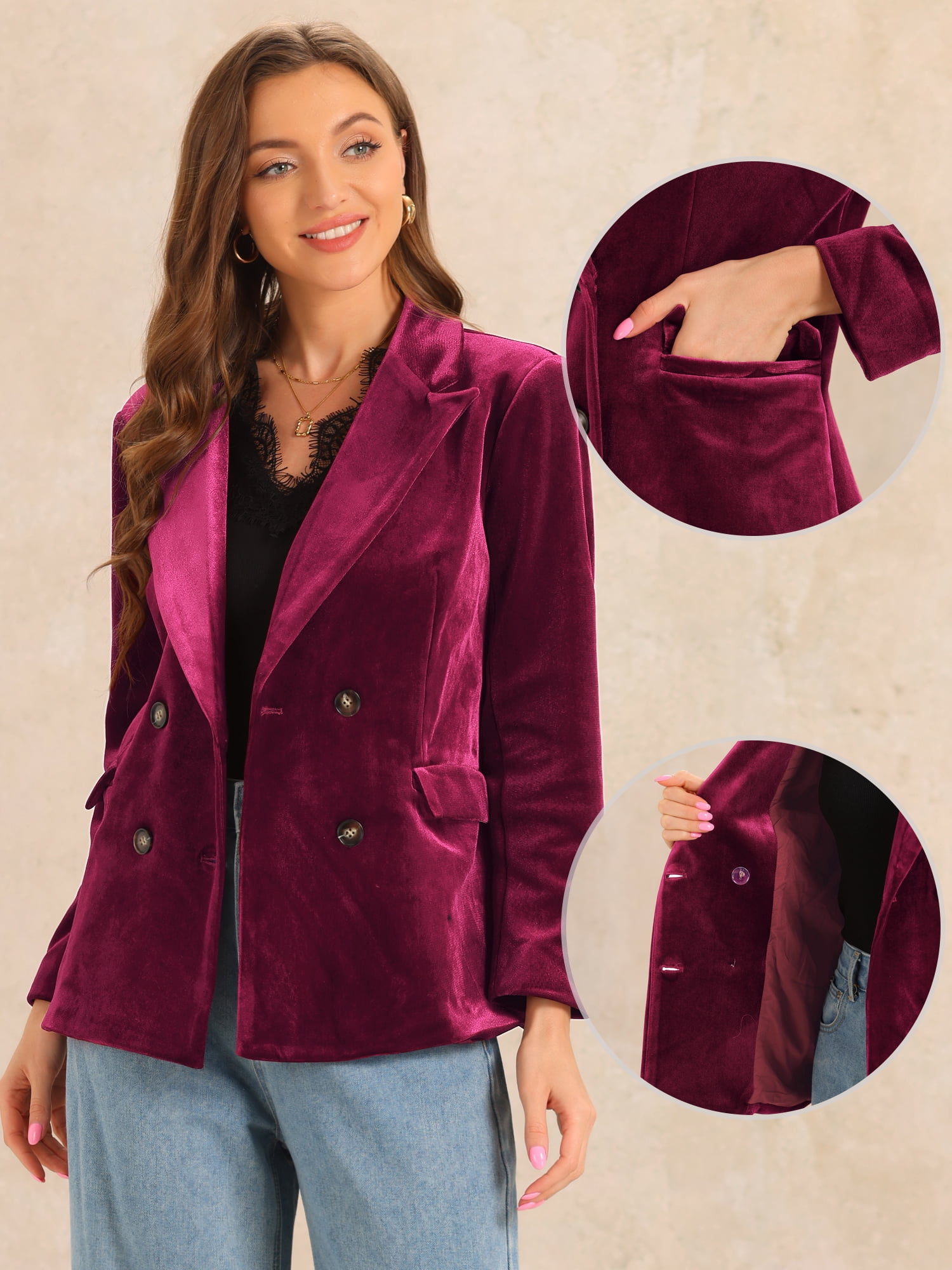 DARING DIVA Women's Velvet Notched Lapel Double Breasted Blazer Jacket XS Dark Red