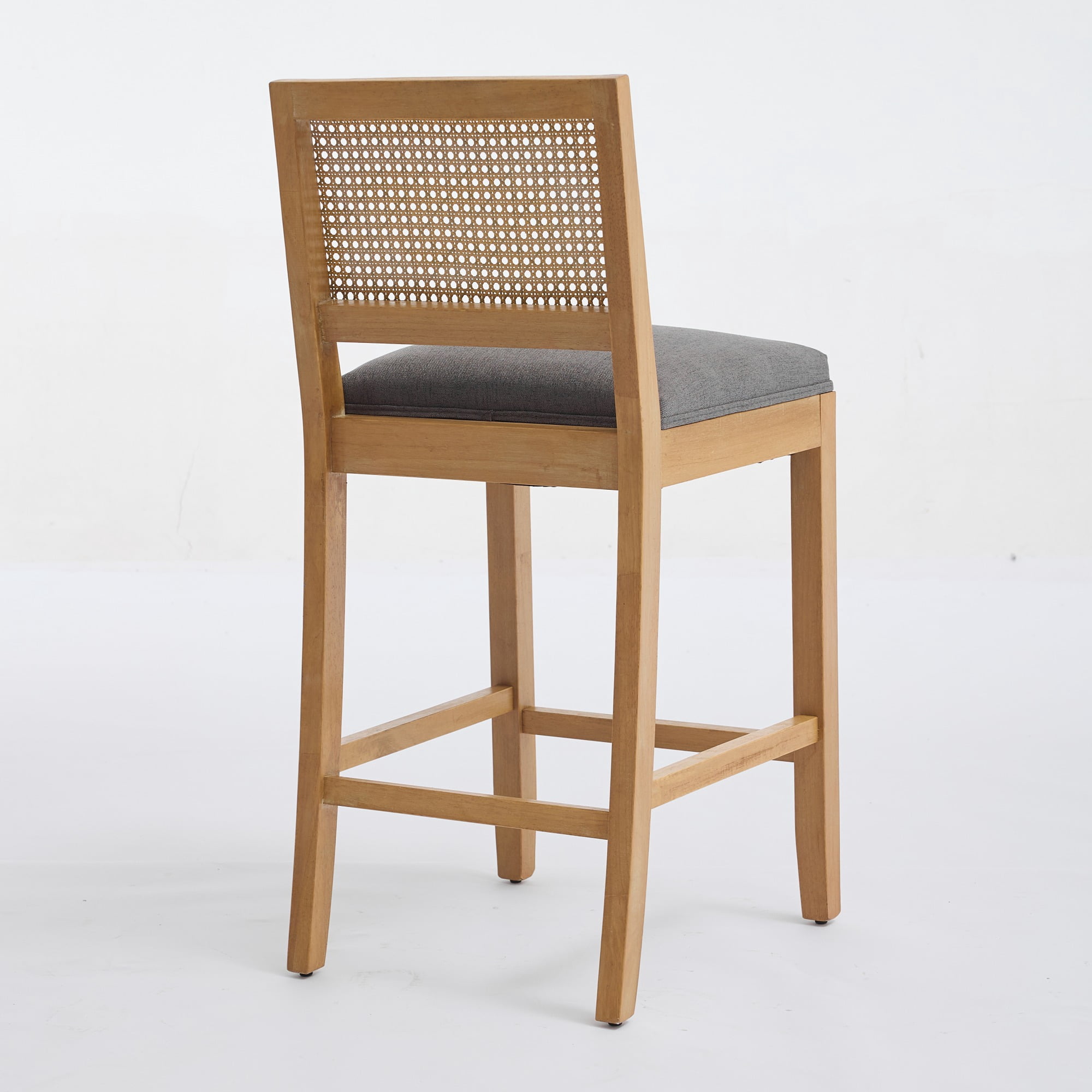 Set of 4 Solid Wood Rattan-Back Bar Stool, Matte Linen Cushion with High-Resilience Foam & S-Springs, Ideal for Rustic/Natural Style Kitchen Island, Low Bar in Dining Room & Café