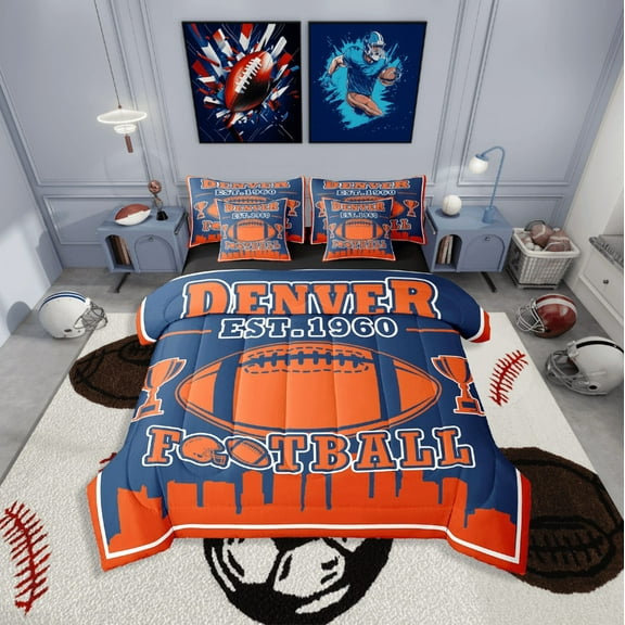 Erosebridal Sport Football Bedding Sets Twin Size,Ball Game Comforter Sets with Sheets,Rugby Room Decorative(Denver),Reversible,Lightweight,7-Piece