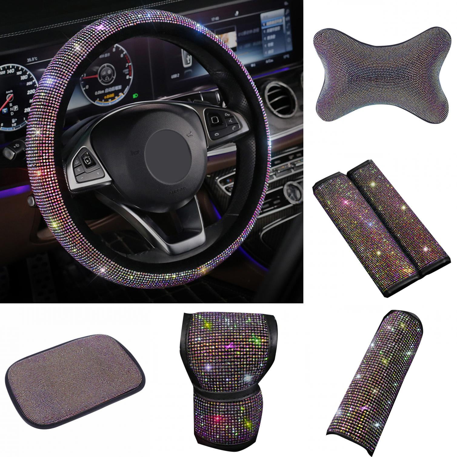 5 Pieces Car Bling Seat Belt Covers Shoulder Pads Glitter Gear Shift Cover Sparkling Handbrake Cover and Girly Car Decor Ring Bling Car Accessories Set for Women 
