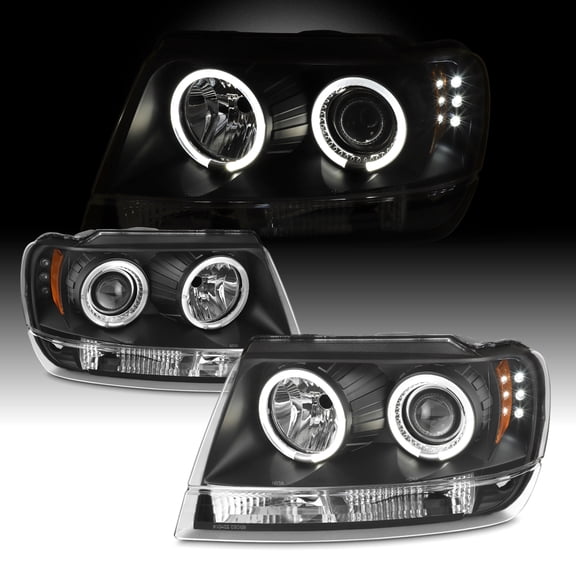 AKKON - For Jeep Grand Cherokee Black Bezel Dual Ring Projector LED Headlights Head Lamps Replacement Pair