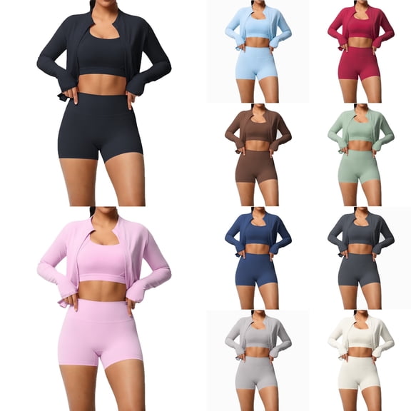 KHONTS 3 Piece Workout Sets for Women High Waist Seamless Shorts Crop Tops Jacket Gym Yoga Outfit Stretchy Sports Bra Set White XL