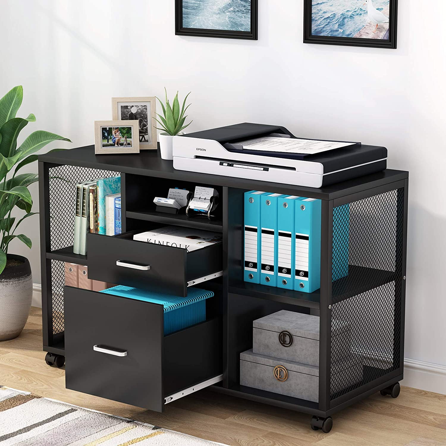 Printer Stand with Storage Filling Cabinet Office Storage Cabinet Organization for Letter Size with Wheels and Open Storage Shelves for Home Office 35W x 14D x 26H File Cabinets for Home Office 