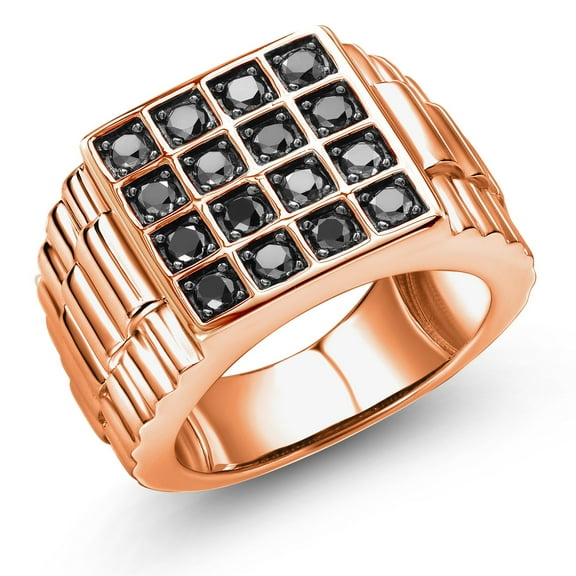 Gem Stone King 18K Rose Gold Plated Silver Black Diamond Ring for Men (1.04 cttw Round Diamonds,Top Width 15mm, Size 7) (Size 7)