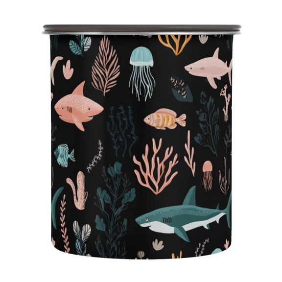 900ml Stainless Steel Food Storage Containers Sharks and Seagrass Pattern Airtight Kitchen Canisters with Vacuum Lid for Coffee Tea Flour Sugar Grains