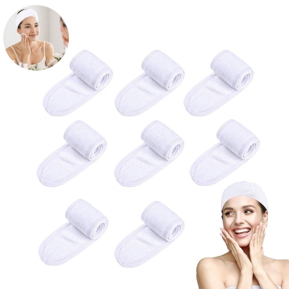 8 Pack Terry Cloth Spa Headband, White Elastic Facial Head Wrap, Washable Makeup Headband with Magic Tape for Face Washing, Skincare and Beauty