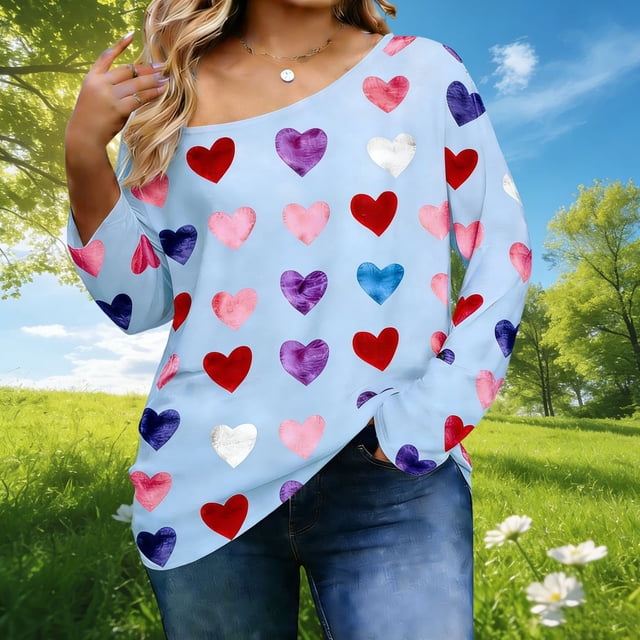 TaTaai Plus Size Blouse Shiny Stretchy Women's Fashion Multi-Color Heart Allover Print Asymmetrical Shoulder Flared Sleeve Casual Party Top Gift