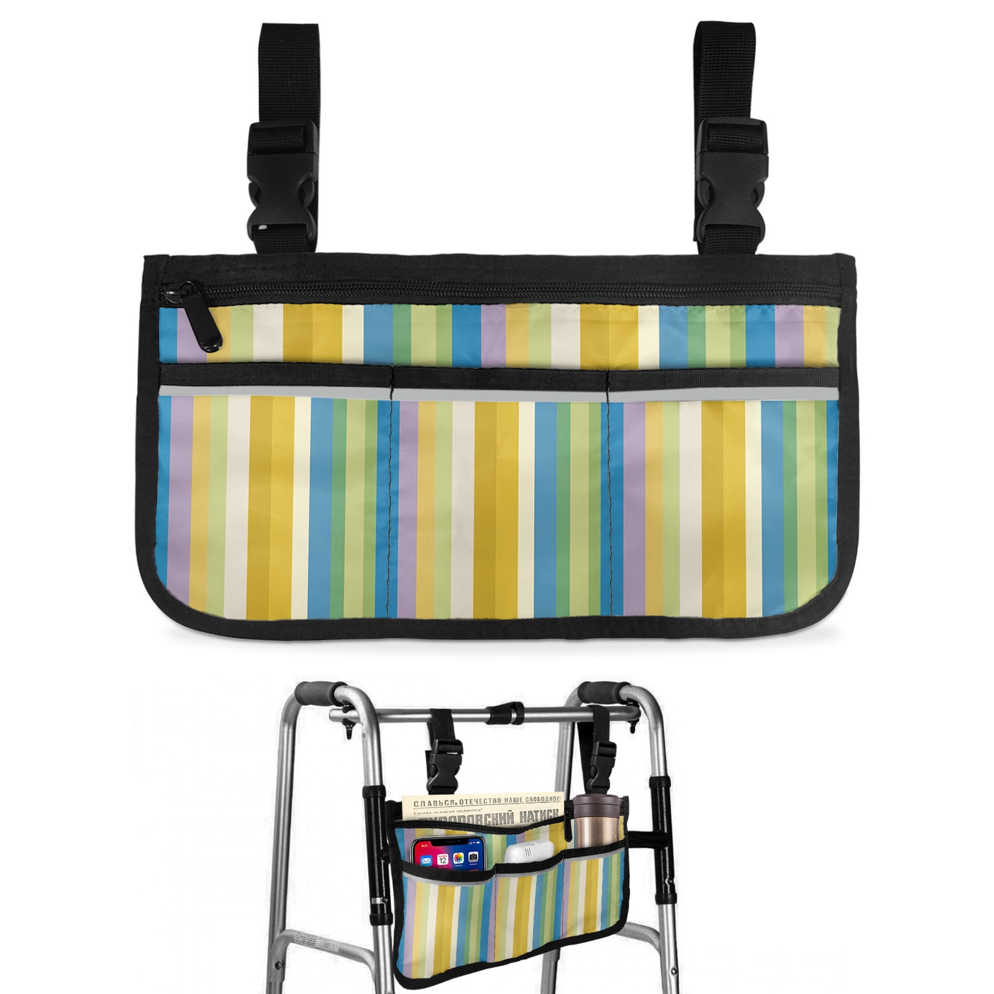 Vertical Stripes Wheelchair Side Bag with Cup Holder, Minimalist Modern Ivory Blue Yellow Parallel Wheelchair Armrest Bag Storage Pouch Adults, Seniors for Walkers, Rollator, Scooter