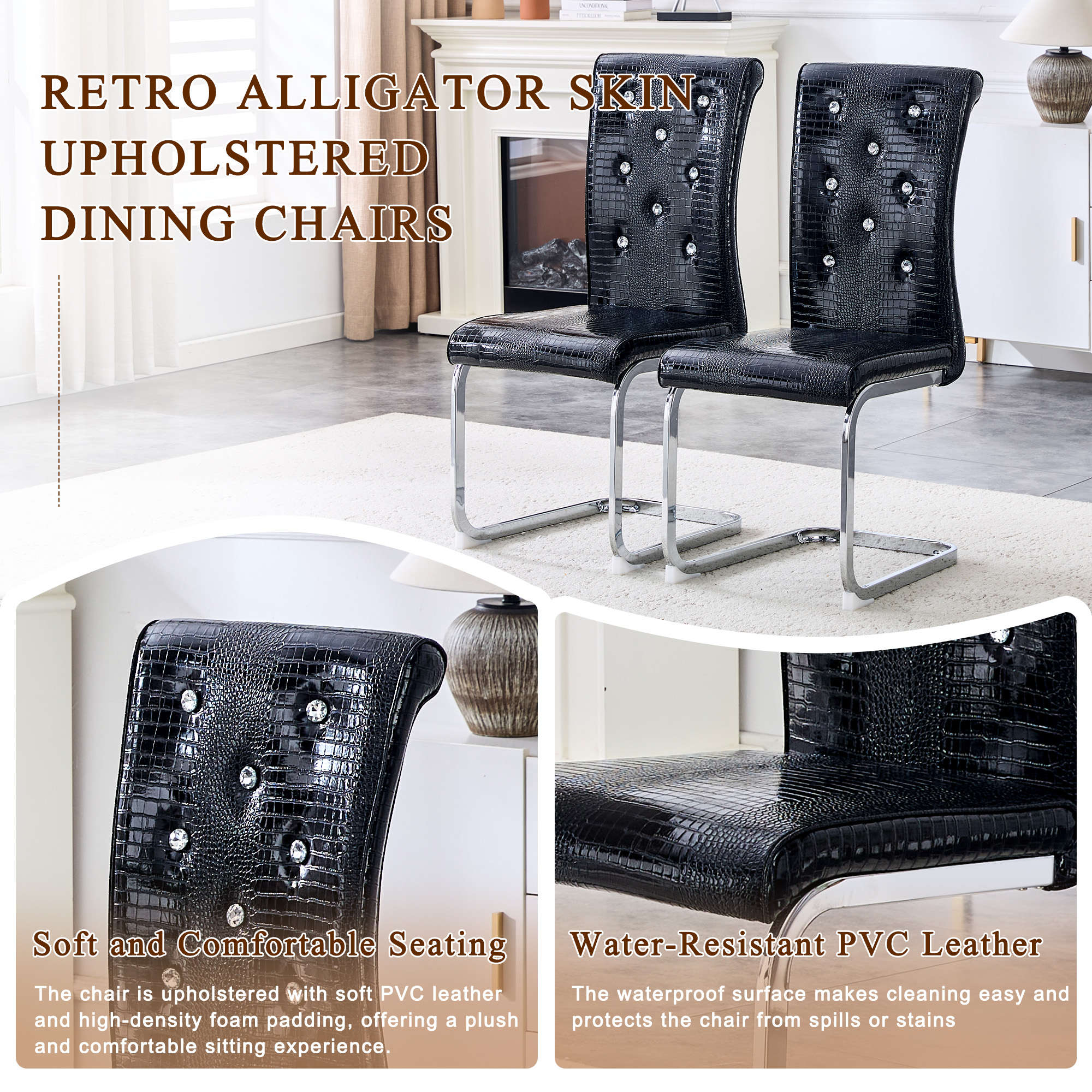 Alvantor Dining Chairs Set of 2, Retro Leather Chairs with Crystal Buckle , Upholstered Accent Chairs for Dining Room & Kitchen Black