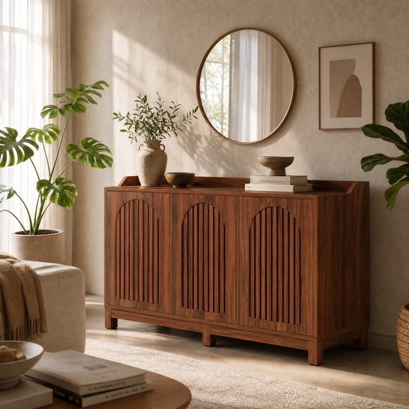 KIOOTTO 57" Farmhouse Sideboard Buffet Cabinet, Brown Shutter Door Storage Cabinet with Adjustable Shelves, Console Table for Dining Room & Kitchen