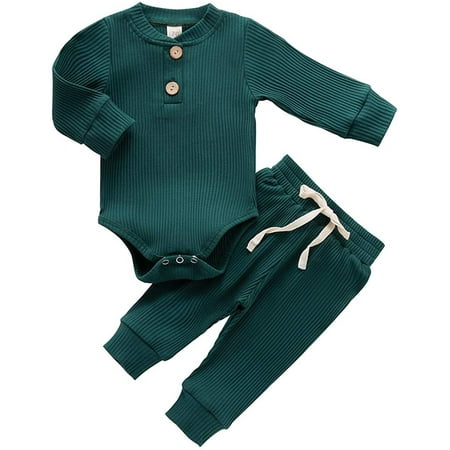 

GRNSHTS Newborn Baby Boys Girls Clothes Ribbed Knitted Cotton Long Sleeve Romper Long Pants Solid Color Outfits (Green 6-12 Months)