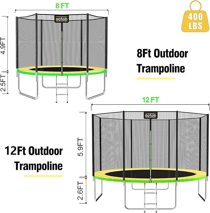 AOTOB 12FT Trampoline for Kids/Adults, Backyard 1400 LBS Trampoline with Safety Enclosure Net/Ladder,Yellow and Green