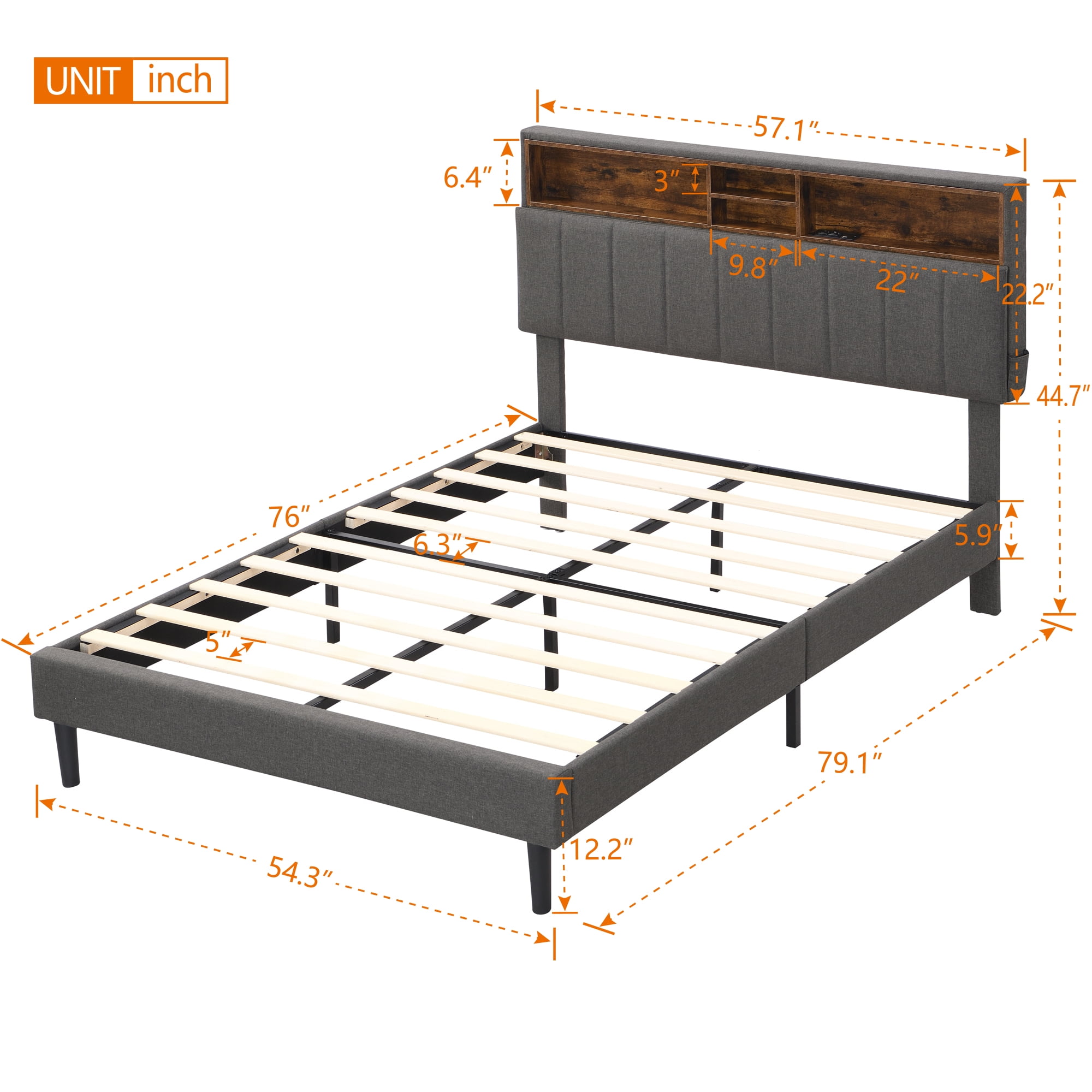 Aukfa Full Upholstered Bed, Platform Bed with Storage Headboard and USB Port for Adults Kids, Gray