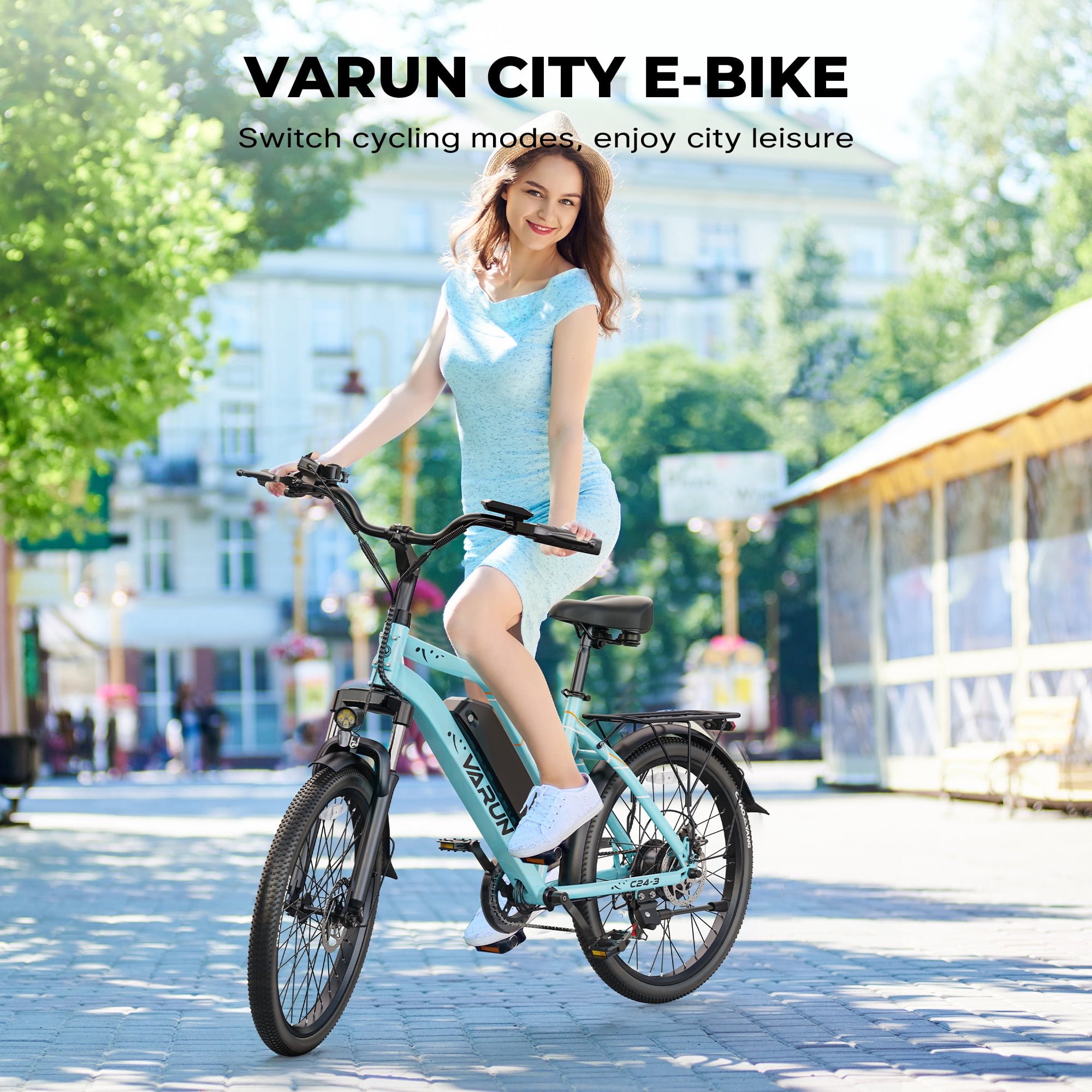 VARUN Electric Bike, 24" EBike with Peak 750W Motor, 48V 374.4Wh Removable Battery, Up To 20+MPH 40 Miles, 7-Speed Gears, Dual Disk Brakes, Taillight Reflector Electric Bicycle for Adult, UL2849