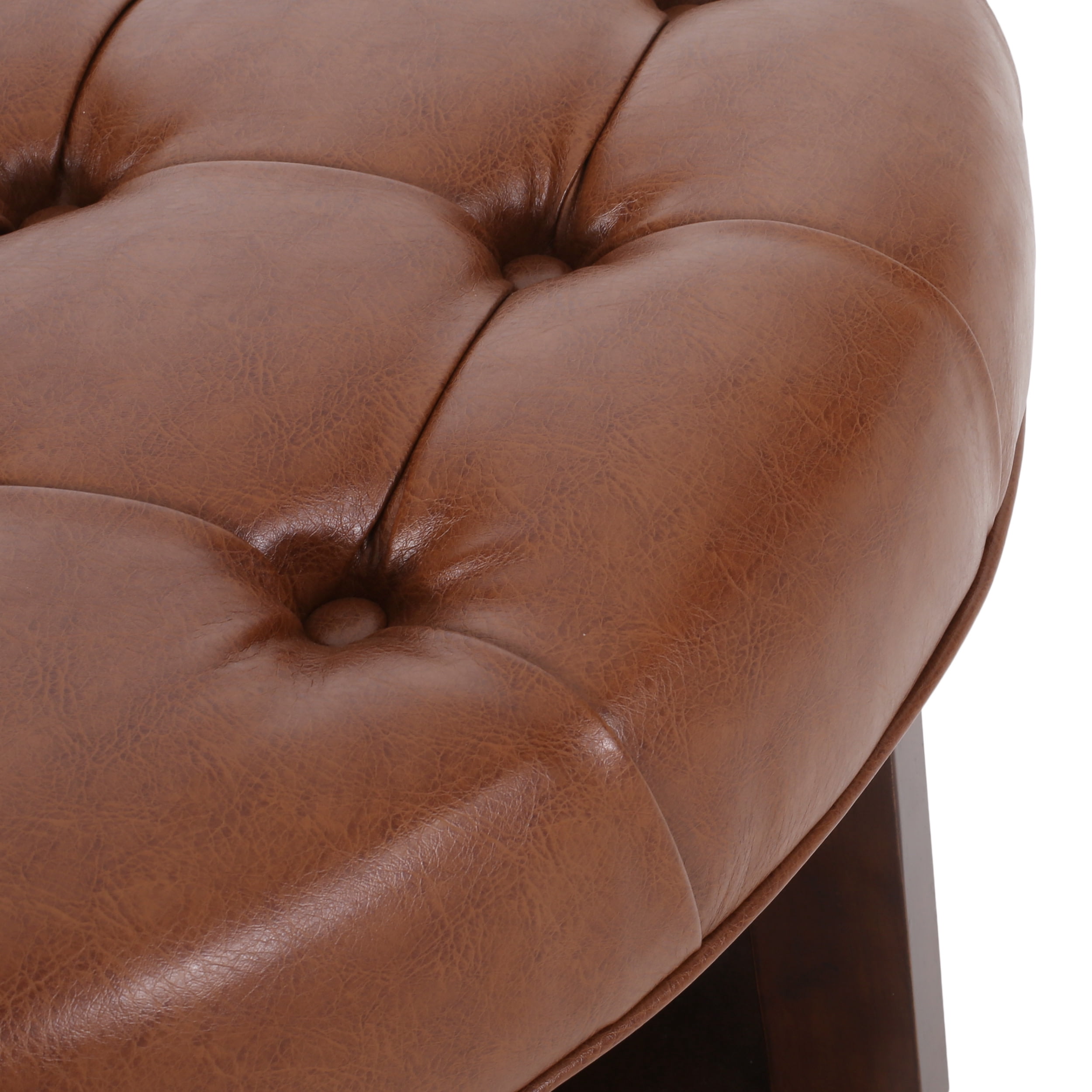 Noble House Aldrich Faux Leather and Wood Tufted Round Ottoman with Open Shelf, Cognac Brown and Espresso
