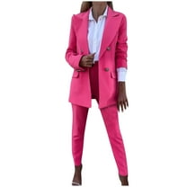 Scyoekwg Women Blazer Outfit Business Office Work 2 Piece Sets Long Sleeve Coat Suit Pants 2 Two Piece Set Fashion Matching Outfits Suit (Hot Pink,L)