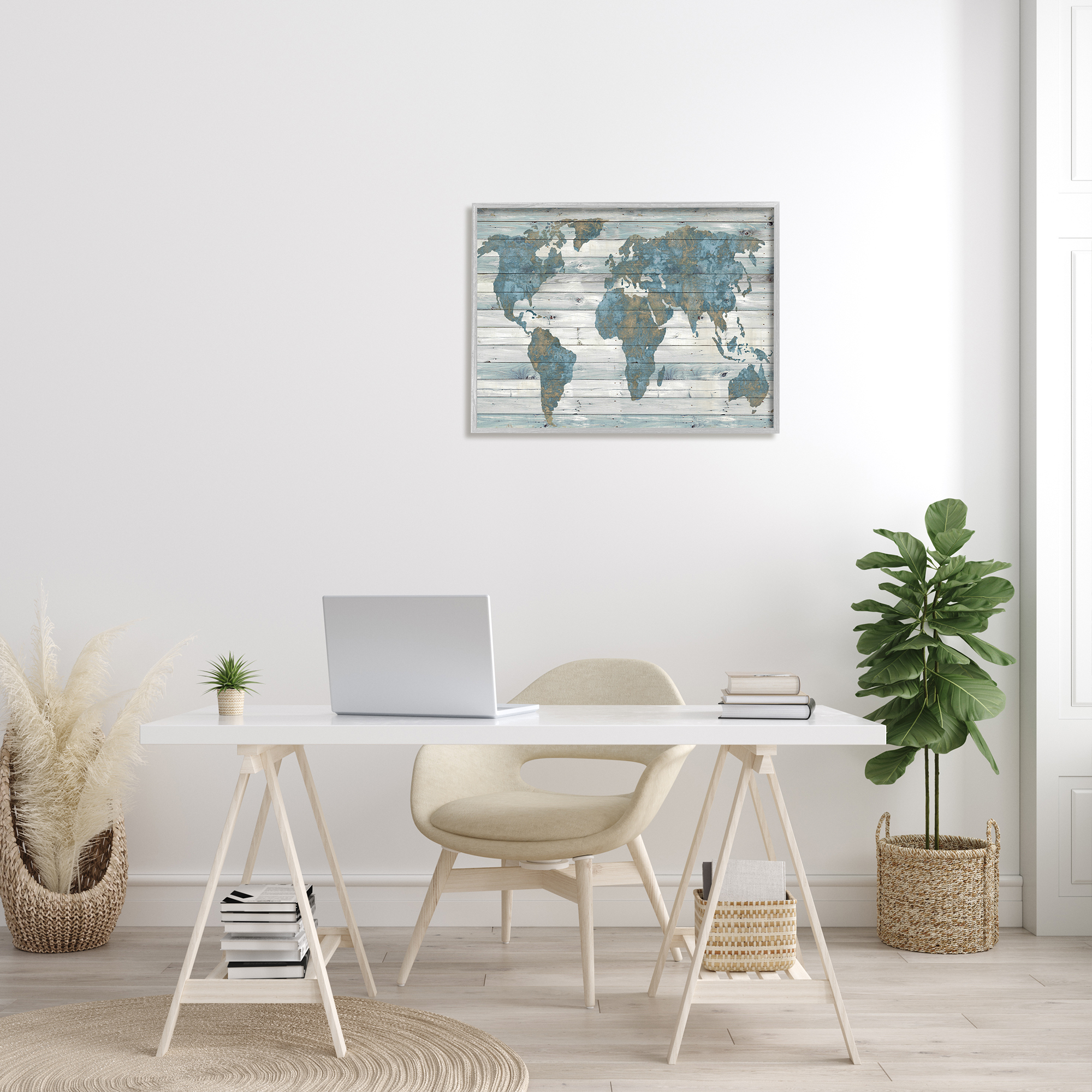 Stupell Industries Slate Blue and Tan Rustic Planked Look Weathered World Map Graphic Art Gray Framed Art Print Wall Art, 24x30, by Jamie MacDowell