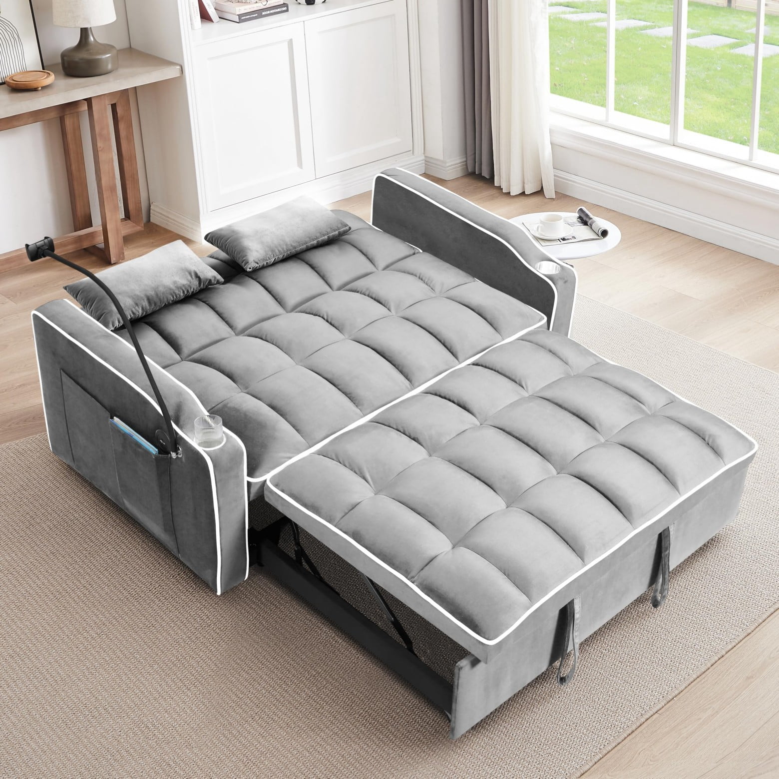 55" 3 in 1 Convertible Sofa Bed with Phone Holder, Loveseat Couch with Pull Out Bed, Space-Saving Apartment Sofa, Light Gray