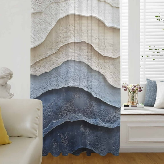 Blue Beige Semi Sheer Curtains Drapes for Living Room, Bedroom, French Doors Window 84 Inches Long, Coastal Wave Modern Abstract Art Rod Pocket Chiffon Curtain Drapery Voile Draperies Panel