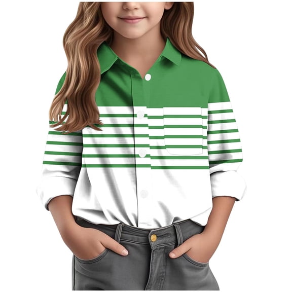 Makaor Button up Shirts for Boys Girls Collared Tops Striped Long Sleeve Pullover Tees Casual Vacation Clothes