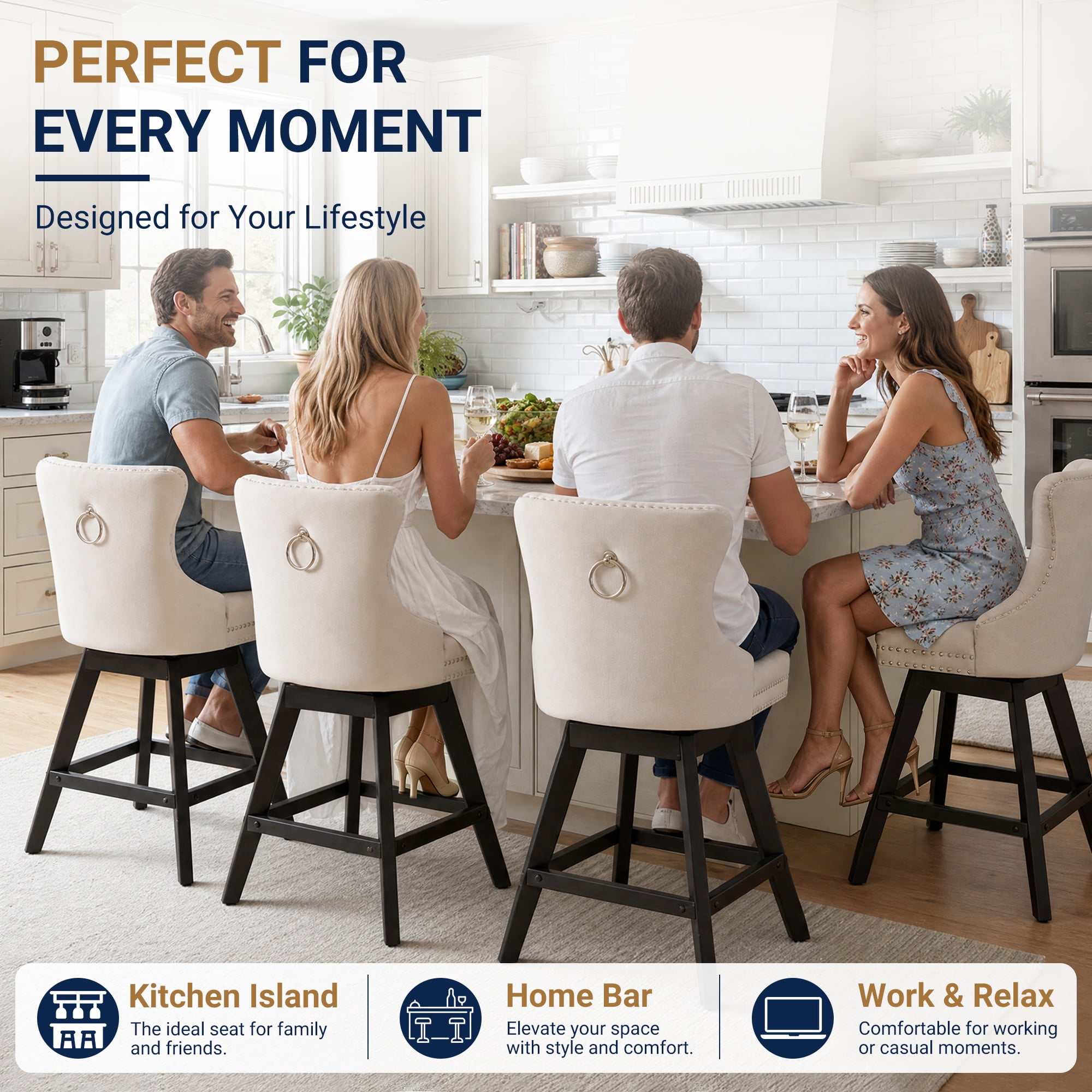 Swivel Counter Height Bar Stools Set of 2, LEGAHOME Farmhouse Velvet Bar Stools with Back for 34–38" Kitchen Island, Armless Wooden Bar Chairs for Home Bar, Beige (Set of 2)