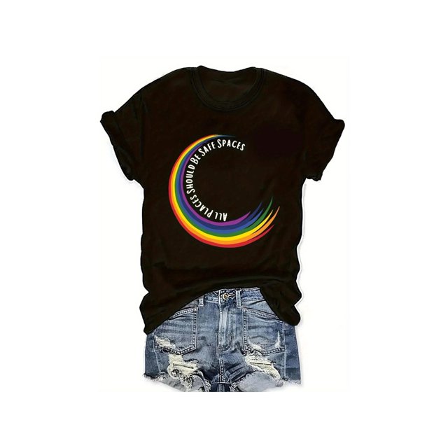 Women's Cotton T-Shirt with Rainbow Geometric Print & " Spaces" Slogan - Relaxed Fit Short Sleeve Round Neck Casual for Summer, Machine Washable, Ladies T Shirts, Casual attire, Minimalist Design