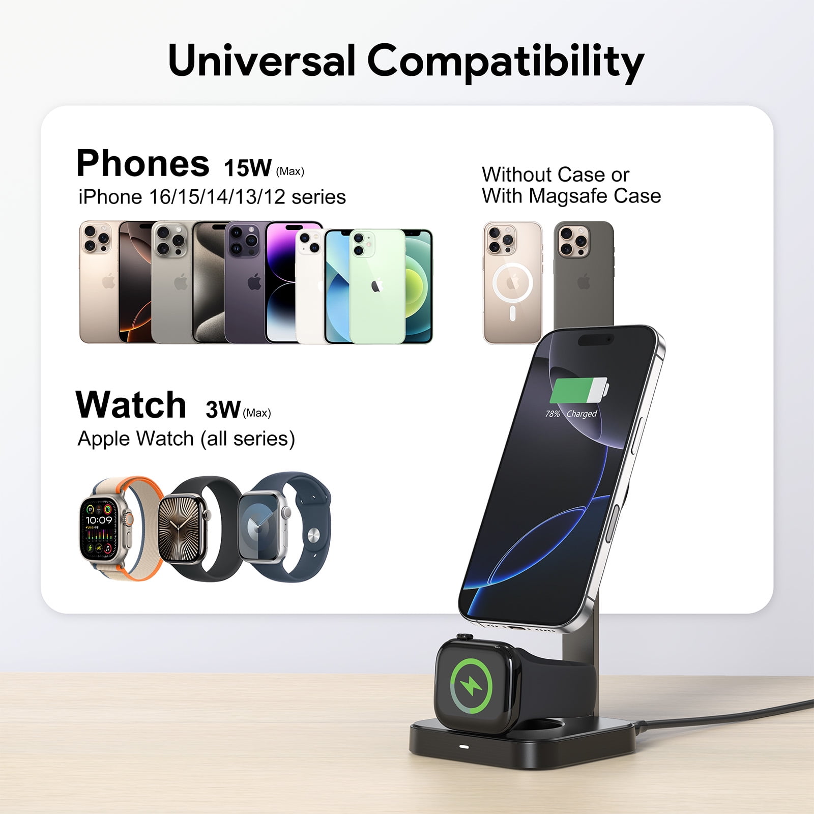 Esoulk 2-In-1 15W Compact Portable Foldable Magnetic Wireless Charger For iPhone and Apple Watch