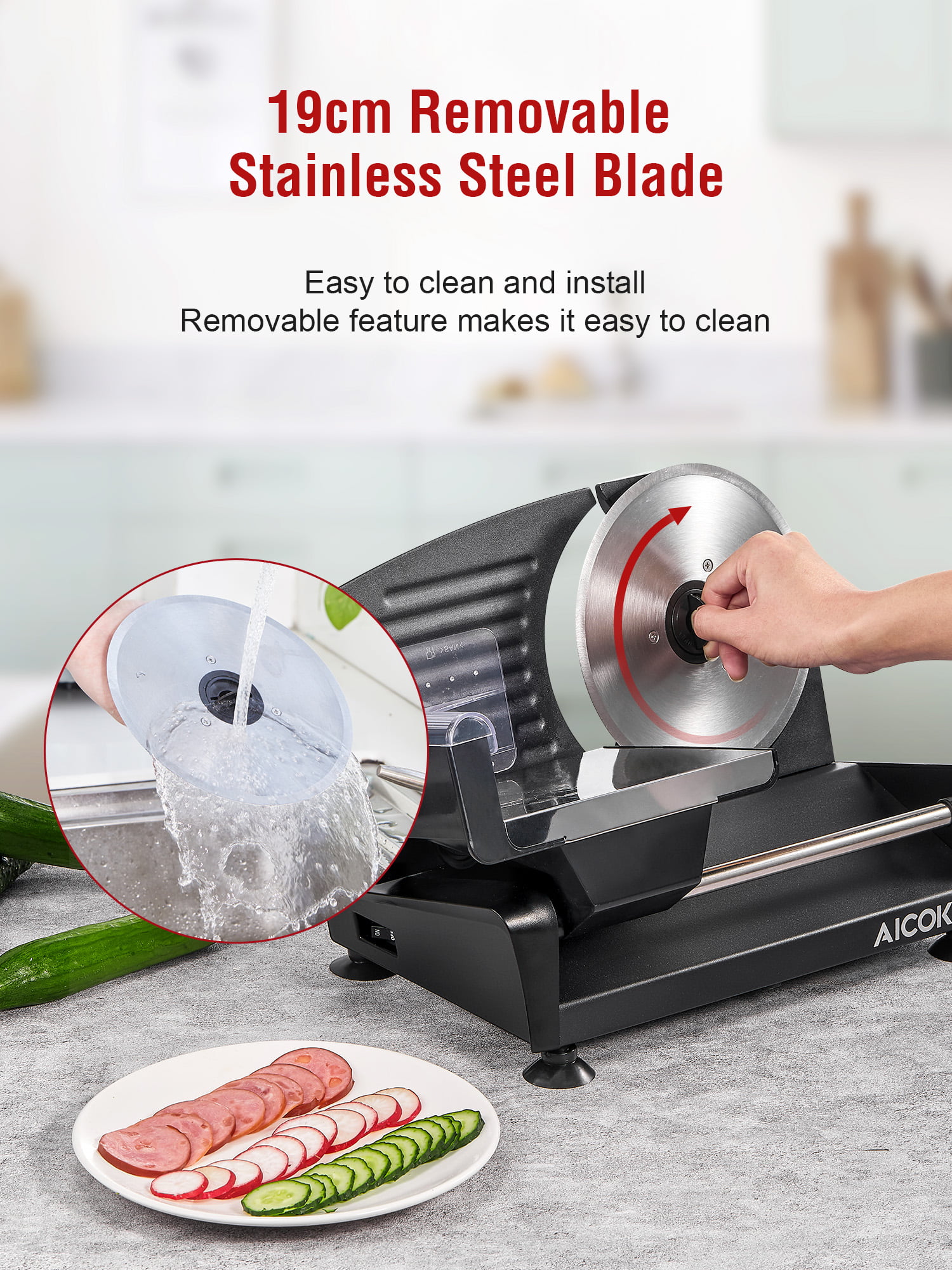 AICOK Home Use Meat Slicer, Food Slicer with Removable 7.5 Stainless Steel  Blade and 0-15mm Adjustable Thickness, Include Food Pusher & Non-Slip Feet  150W