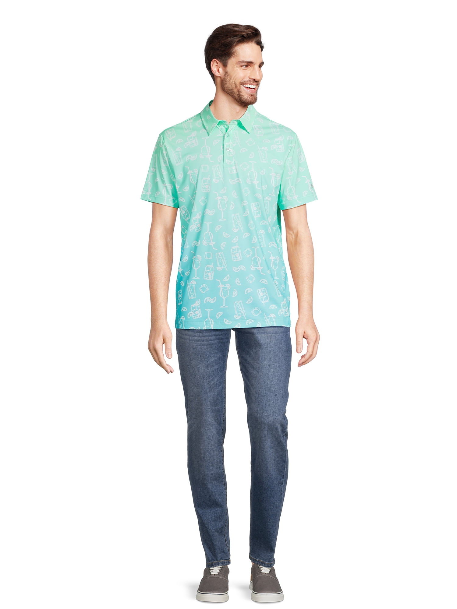 Birdie Bound Men's and Big Men's Graphic Print Drinks Golf Polo Shirt, Sizes S-3XL