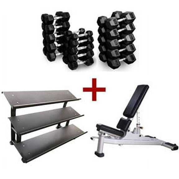 French Fitness Rubber Hex Dumbbell Set 5 to 75 lbs w/Bench   3 Tier Dumbbell Rack (New)