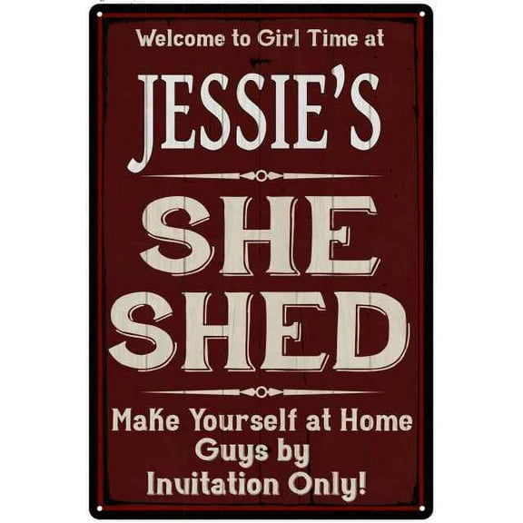 JESSIE'S She Shed Red Sign Lady Cave 8 x 12 High Gloss Metal 208120088218