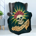 thumbnail image 4 of Day of the Dead Soft Flannel Fleece Throw Blanket, Sugar Skull Roses and Dia de los Muertos Print Grunge Style Artwork, Cozy Plush for Indoor and Outdoor Use, 70" x 90", Dark Teal, by Ambesonne, 4 of 5