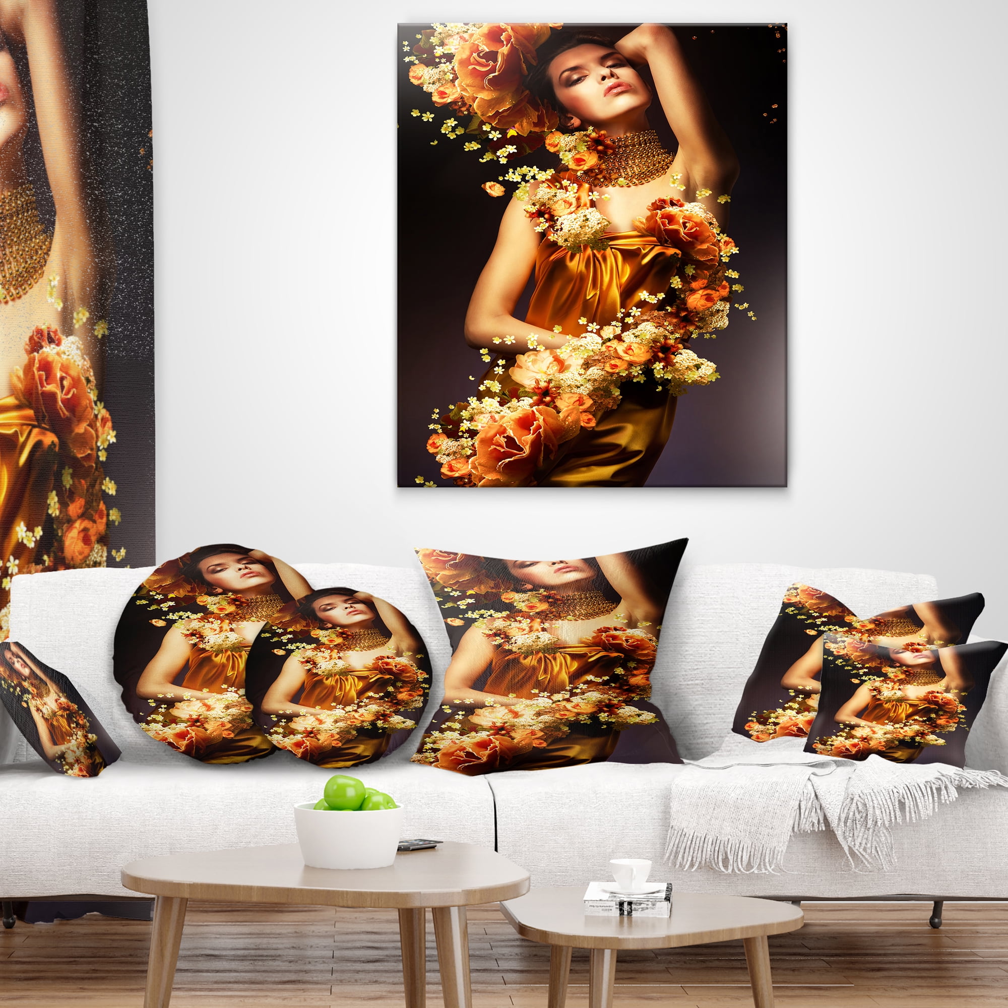 Designart Sensual Woman in Flower Robes - Abstract Portrait Throw Pillow - 12x20